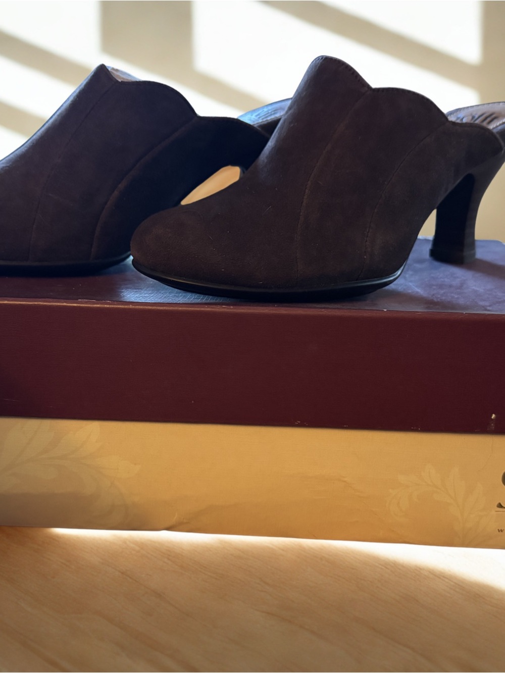 Sofft Dark Brown Scallop-Edge Suede Mule Heels